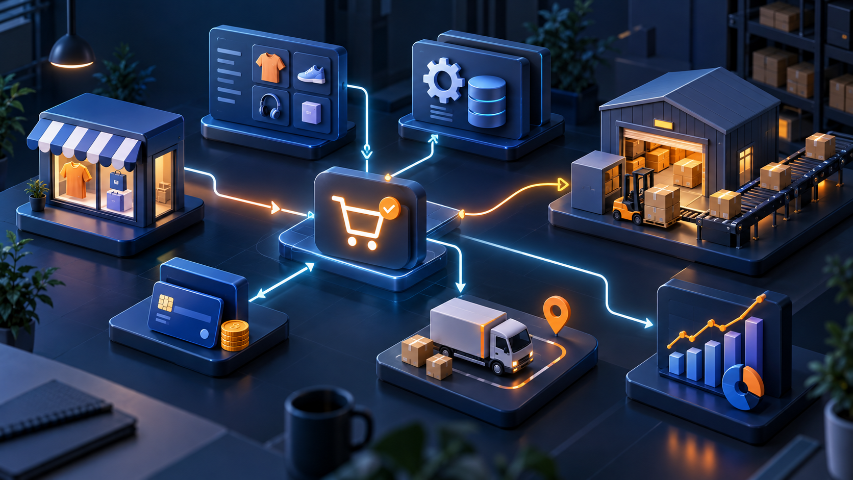 Schemat systemów i integracji tworzących nowoczesny ekosystem e-commerce